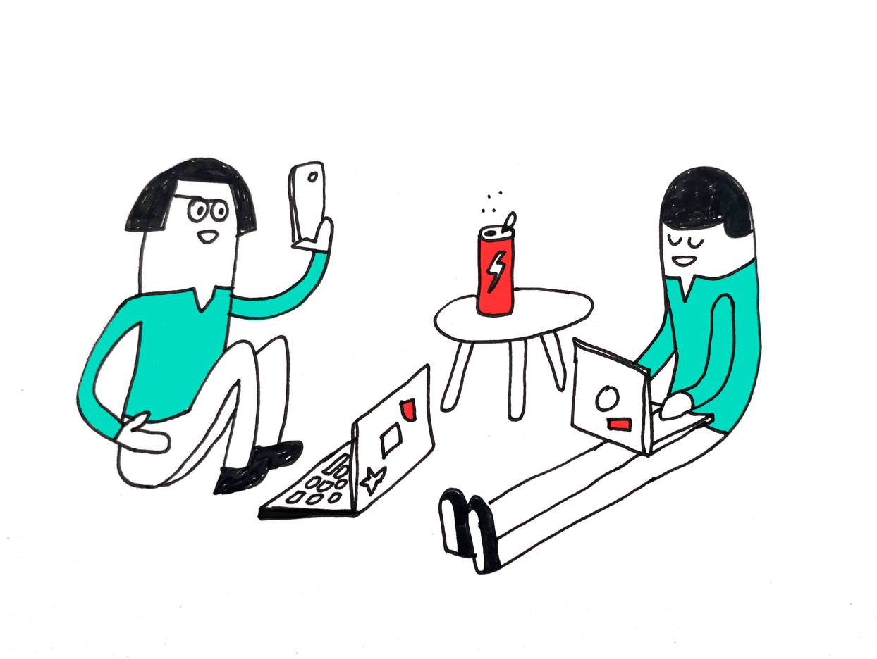 Tekening van twee jonge hackers die op de grond op hun laptop werken.